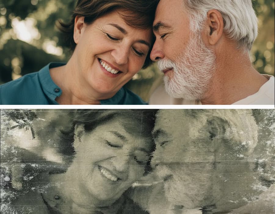 Before and after AI restoration of a damaged, blurry black and white photo of a couple.