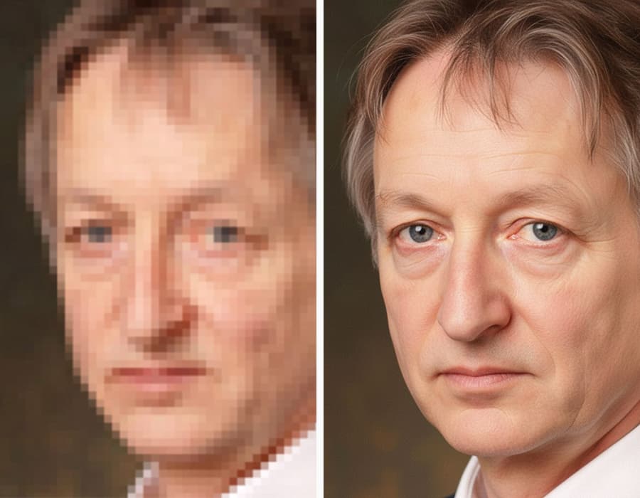 Before and after unblurring a pixelated, low-resolution picture of a man's face.