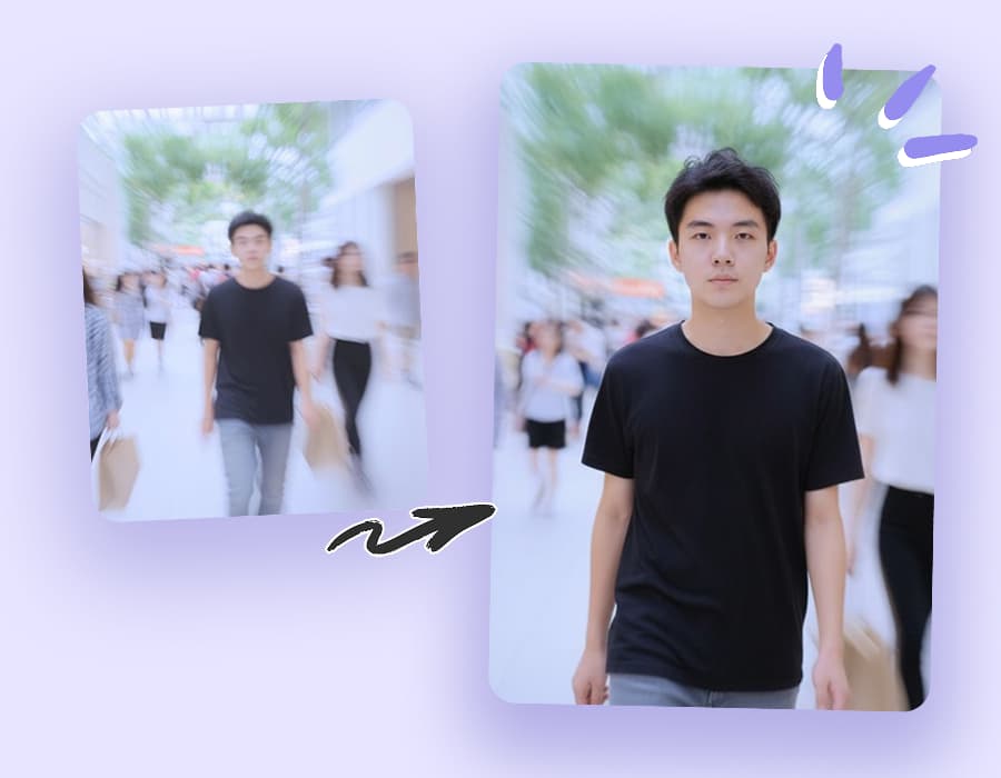 Before and after example of selectively unblurring a man in a crowd.